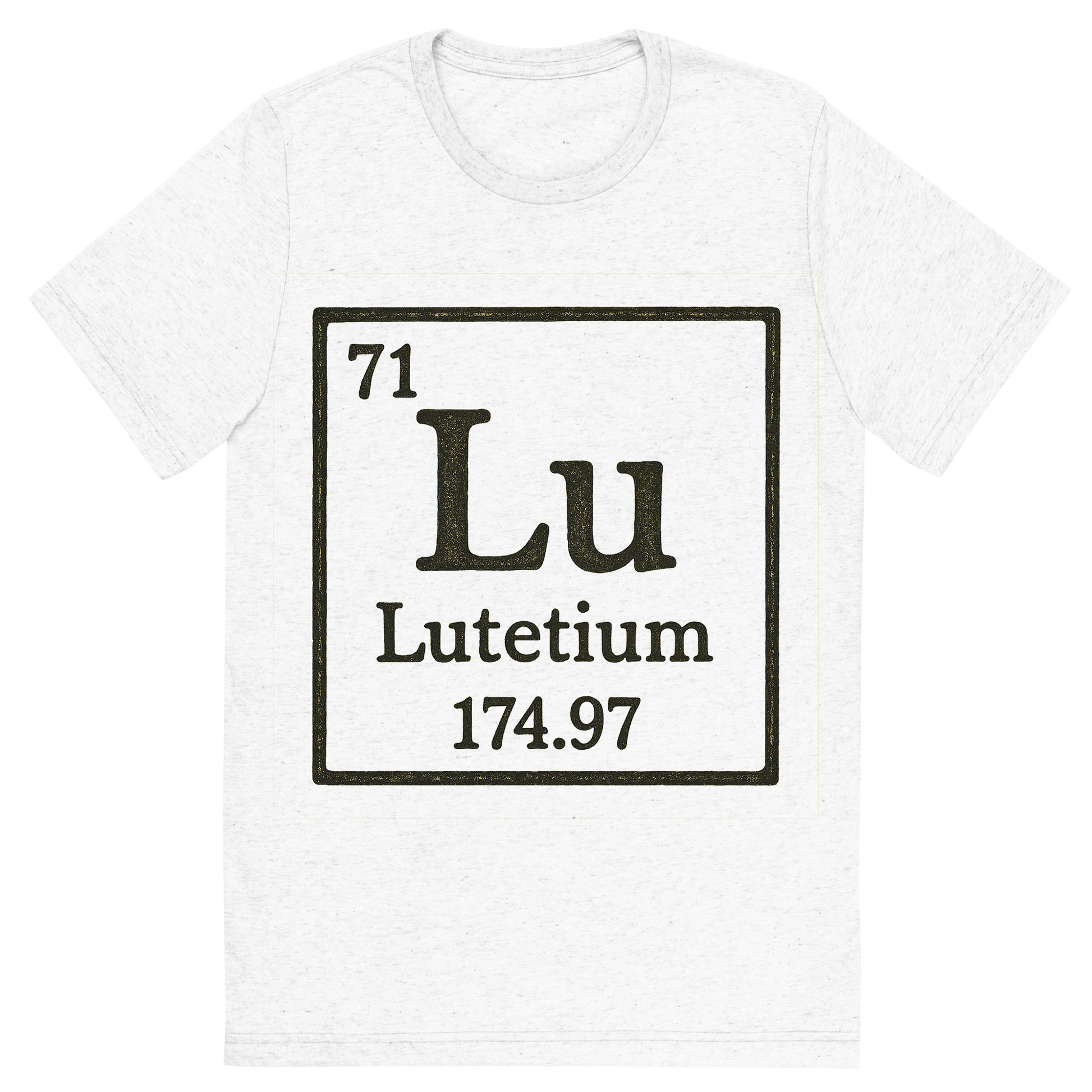 Front view of a Premium Tri-Blend Crew Neck T-Shirt in Solid White showing 'A line art, nostalgic graphic of lutetium's entry on the periodic table, use a dark color for the lines and text'