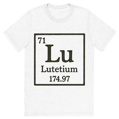 Front view of a Premium Tri-Blend Crew Neck T-Shirt in Solid White showing 'A line art, nostalgic graphic of lutetium's entry on the periodic table, use a dark color for the lines and text'