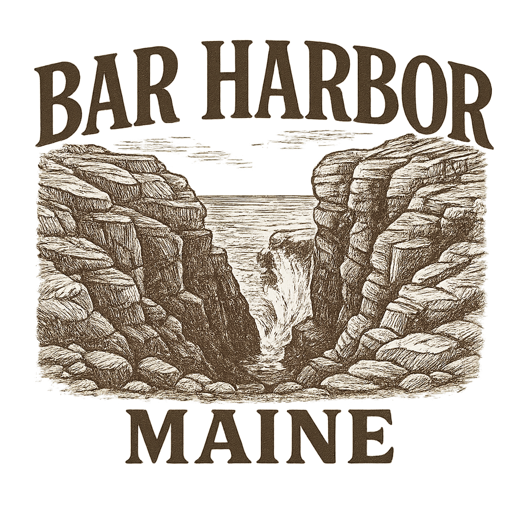 A typographic, nostalgic graphic of a typographic illustration of the words 'bar harbor, maine' with a vintage line art drawing of thunder hole – a t-shirt design