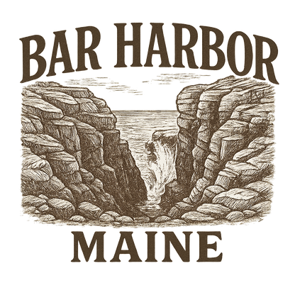 A typographic, nostalgic graphic of a typographic illustration of the words 'bar harbor, maine' with a vintage line art drawing of thunder hole – a t-shirt design