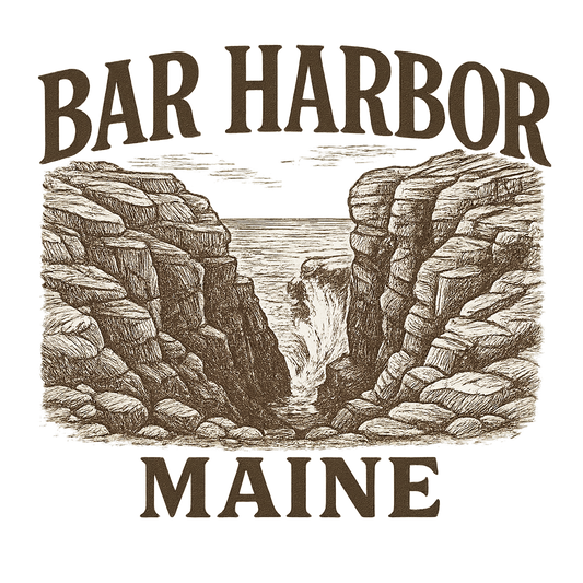 A typographic, nostalgic graphic of a typographic illustration of the words 'bar harbor, maine' with a vintage line art drawing of thunder hole – a t-shirt design
