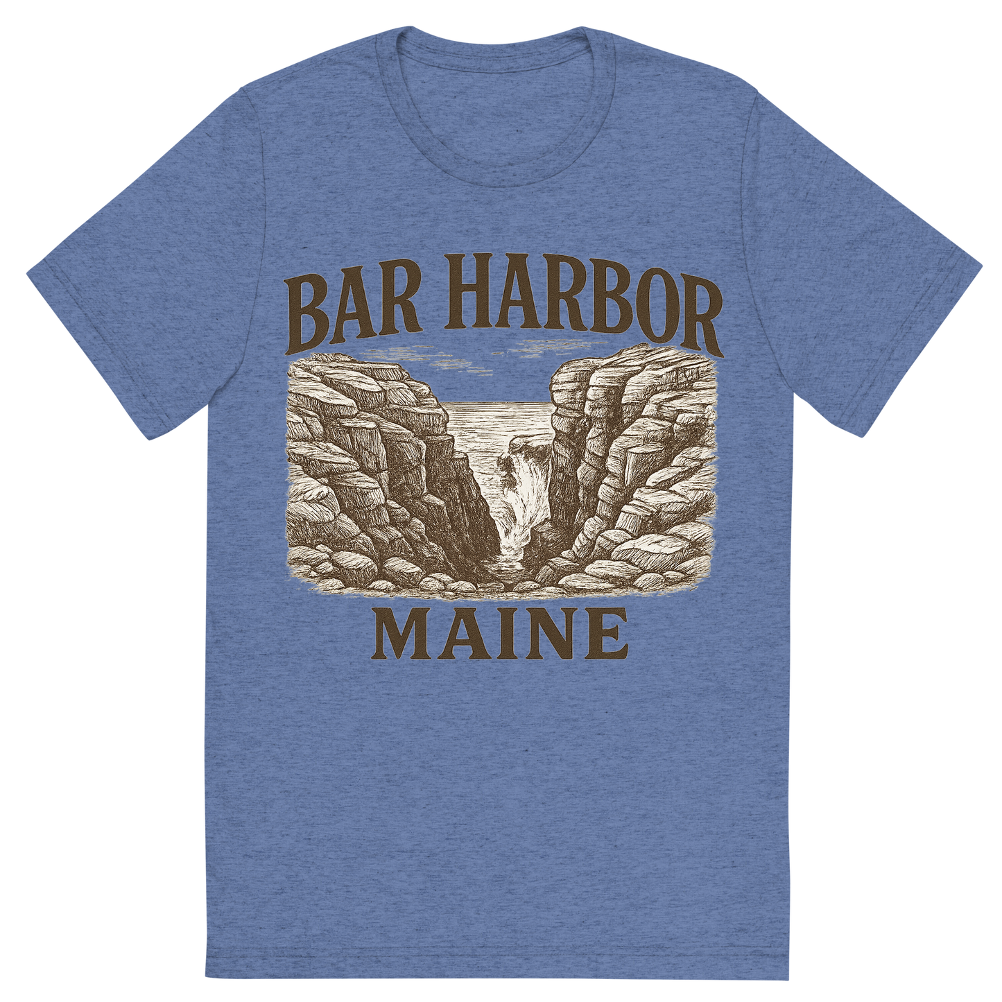 Front view of a Premium Tri-Blend Crew Neck T-Shirt in Blue showing 'A typographic, nostalgic graphic of a typographic illustration of the words 'bar harbor, maine' with a vintage line art drawing of thunder hole'