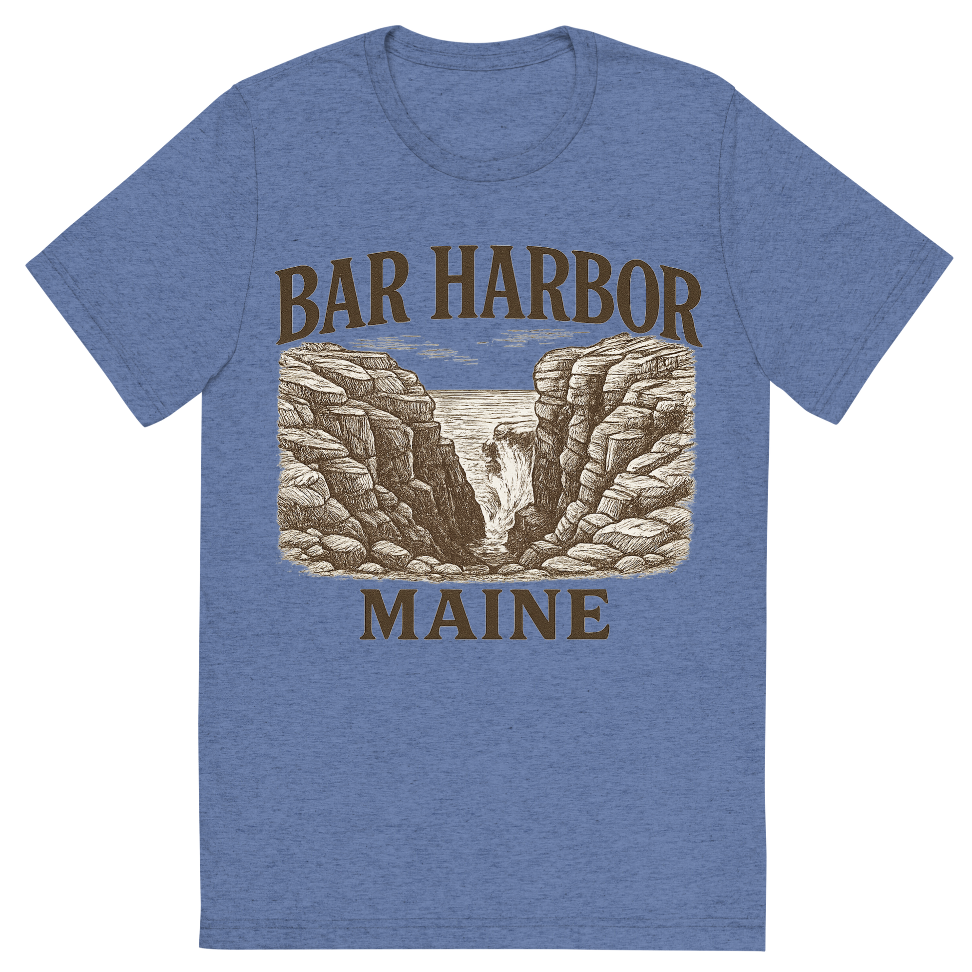 Front view of a Premium Tri-Blend Crew Neck T-Shirt in Blue showing 'A typographic, nostalgic graphic of a typographic illustration of the words 'bar harbor, maine' with a vintage line art drawing of thunder hole'
