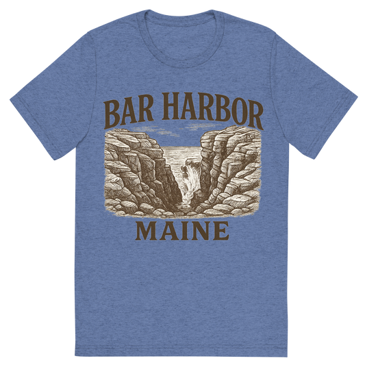 Front view of a Premium Tri-Blend Crew Neck T-Shirt in Blue showing 'A typographic, nostalgic graphic of a typographic illustration of the words 'bar harbor, maine' with a vintage line art drawing of thunder hole'