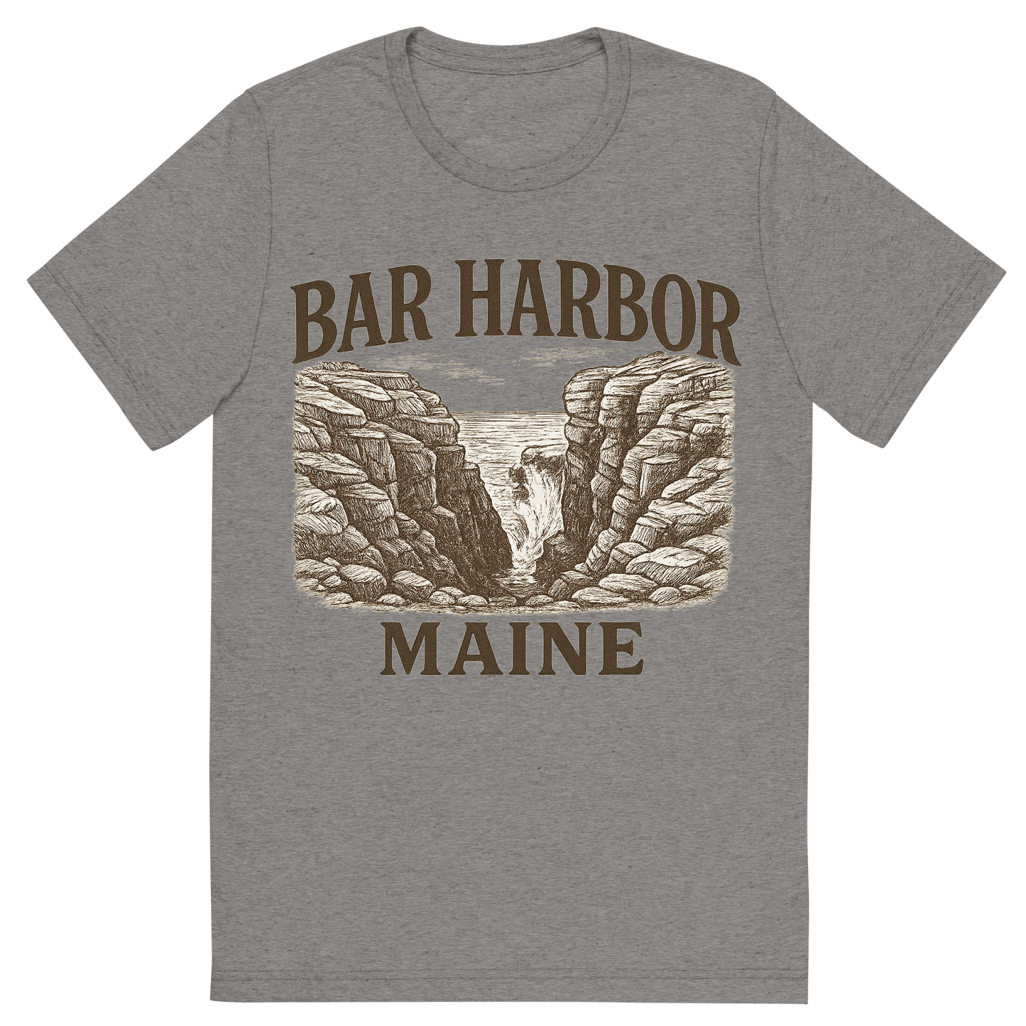 Front view of a Premium Tri-Blend Crew Neck T-Shirt in Grey showing 'A typographic, nostalgic graphic of a typographic illustration of the words 'bar harbor, maine' with a vintage line art drawing of thunder hole'
