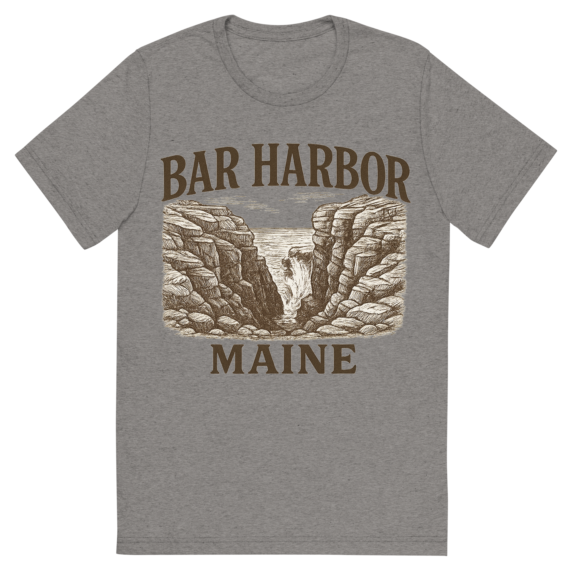 Front view of a Premium Tri-Blend Crew Neck T-Shirt in Grey showing 'A typographic, nostalgic graphic of a typographic illustration of the words 'bar harbor, maine' with a vintage line art drawing of thunder hole'
