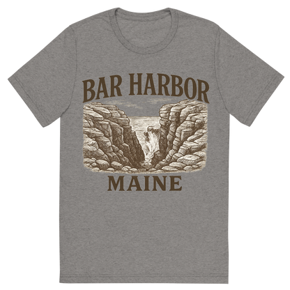 Front view of a Premium Tri-Blend Crew Neck T-Shirt in Grey showing 'A typographic, nostalgic graphic of a typographic illustration of the words 'bar harbor, maine' with a vintage line art drawing of thunder hole'