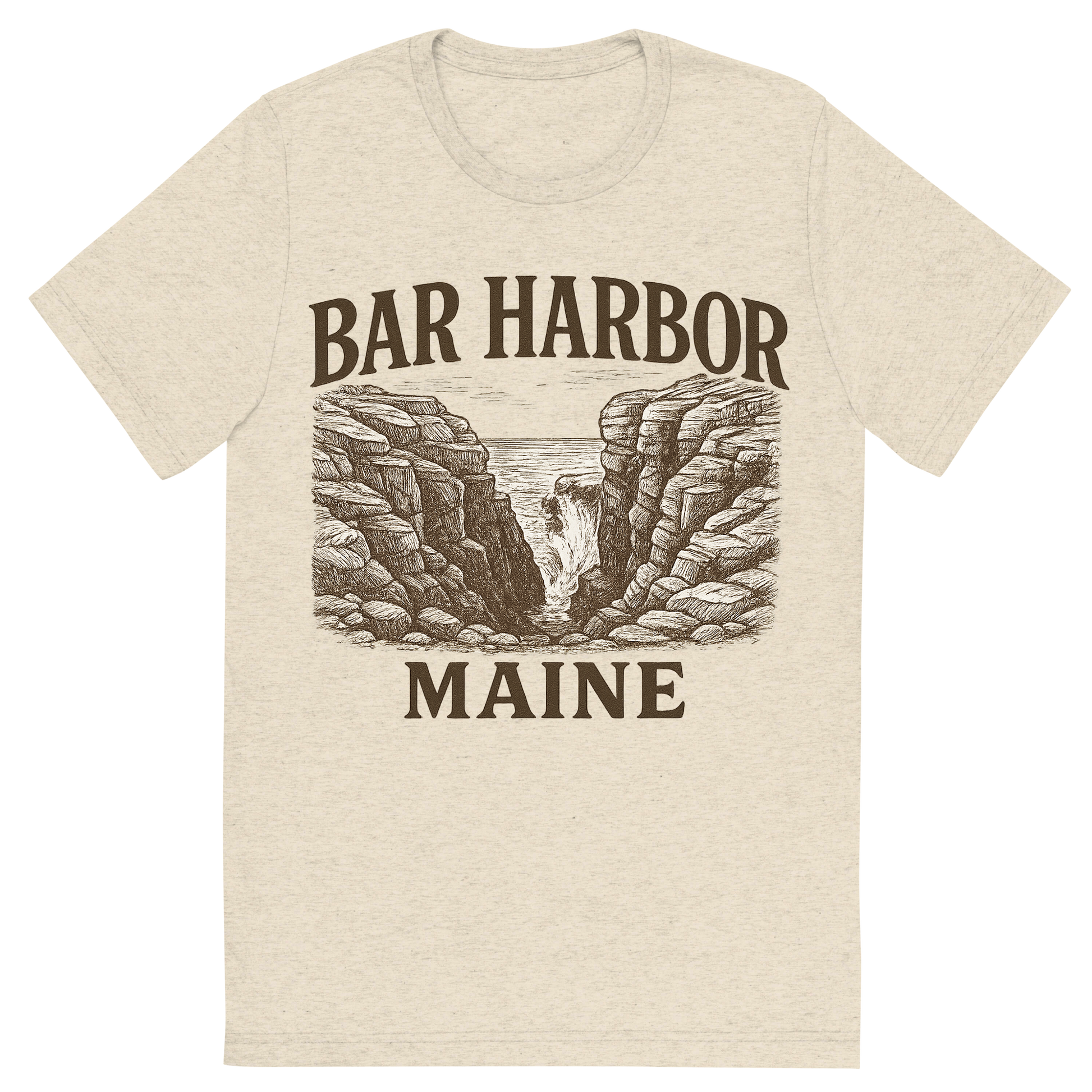 Front view of a Premium Tri-Blend Crew Neck T-Shirt in Oatmeal showing 'A typographic, nostalgic graphic of a typographic illustration of the words 'bar harbor, maine' with a vintage line art drawing of thunder hole'