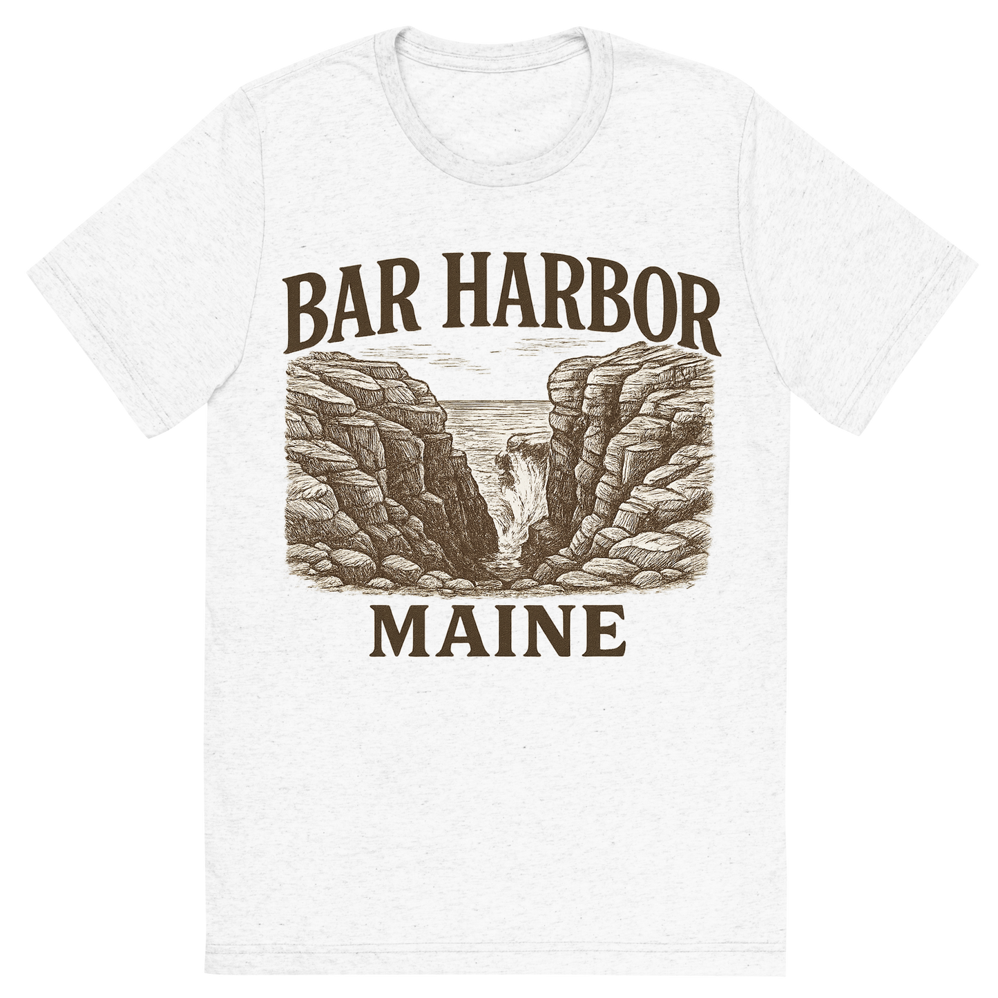 Front view of a Premium Tri-Blend Crew Neck T-Shirt in Solid White showing 'A typographic, nostalgic graphic of a typographic illustration of the words 'bar harbor, maine' with a vintage line art drawing of thunder hole'
