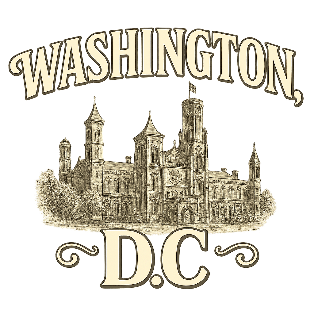 A typographic, nostalgic graphic of a typographic illustration of the words 'washington, dc' with a vintage line art drawing of the smithsonian museums – a t-shirt design