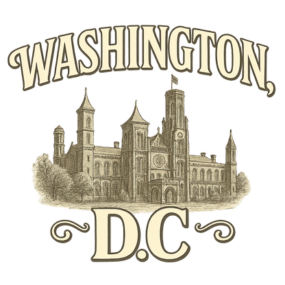 A typographic, nostalgic graphic of a typographic illustration of the words 'washington, dc' with a vintage line art drawing of the smithsonian museums – a t-shirt design