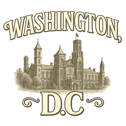 A typographic, nostalgic graphic of a typographic illustration of the words 'washington, dc' with a vintage line art drawing of the smithsonian museums – a t-shirt design