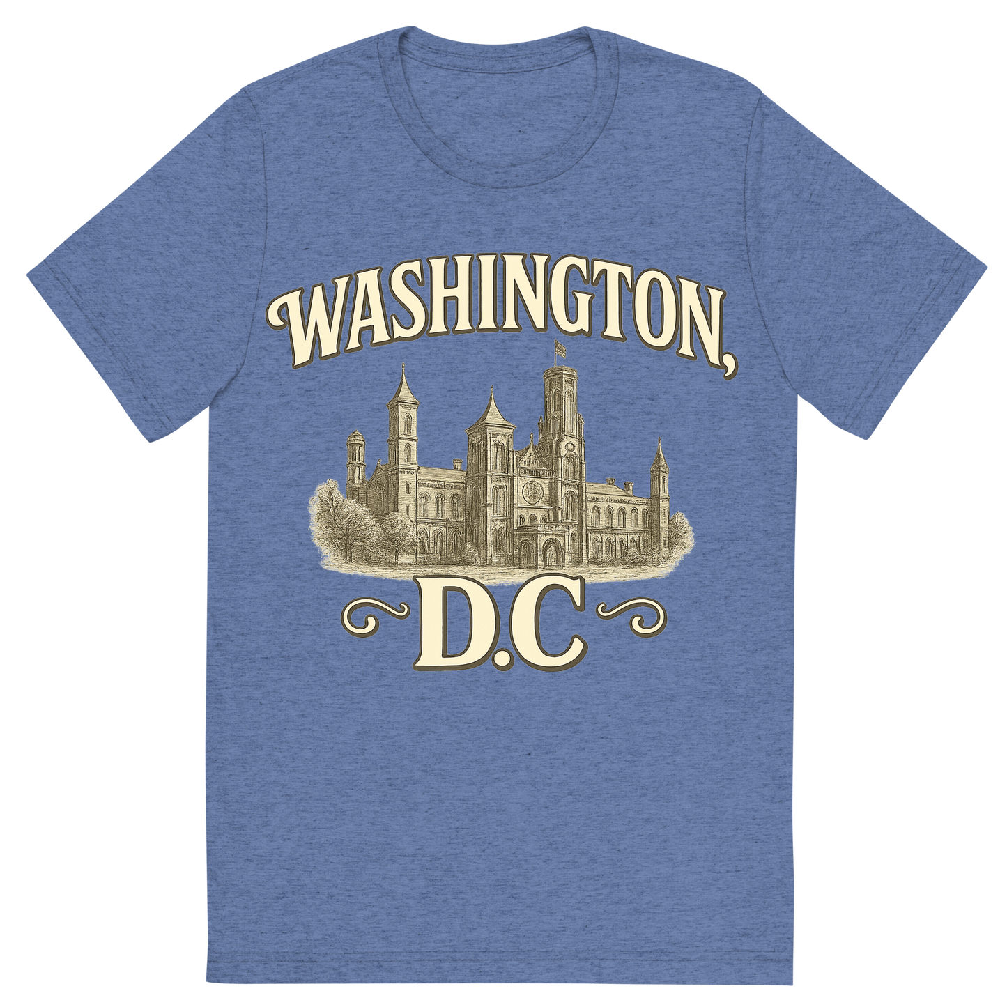Front view of a Premium Tri-Blend Crew Neck T-Shirt in Blue showing 'A typographic, nostalgic graphic of a typographic illustration of the words 'washington, dc' with a vintage line art drawing of the smithsonian museums'