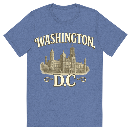 Front view of a Premium Tri-Blend Crew Neck T-Shirt in Blue showing 'A typographic, nostalgic graphic of a typographic illustration of the words 'washington, dc' with a vintage line art drawing of the smithsonian museums'