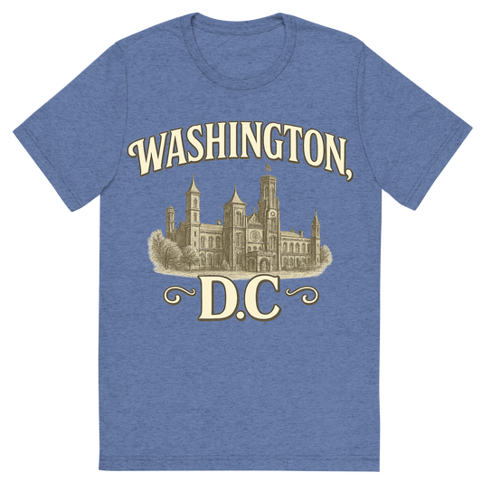 Front view of a Premium Tri-Blend Crew Neck T-Shirt in Blue showing 'A typographic, nostalgic graphic of a typographic illustration of the words 'washington, dc' with a vintage line art drawing of the smithsonian museums'