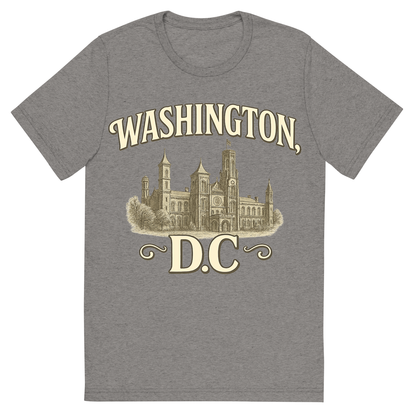 Front view of a Premium Tri-Blend Crew Neck T-Shirt in Grey showing 'A typographic, nostalgic graphic of a typographic illustration of the words 'washington, dc' with a vintage line art drawing of the smithsonian museums'