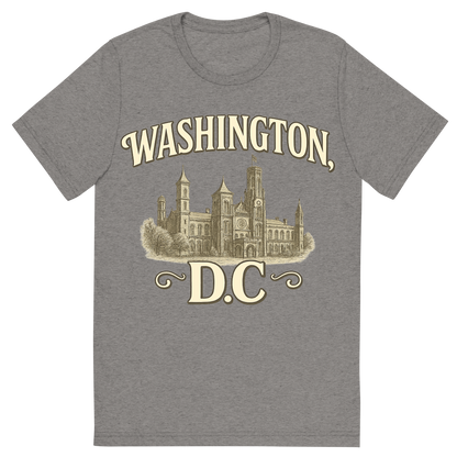 Front view of a Premium Tri-Blend Crew Neck T-Shirt in Grey showing 'A typographic, nostalgic graphic of a typographic illustration of the words 'washington, dc' with a vintage line art drawing of the smithsonian museums'