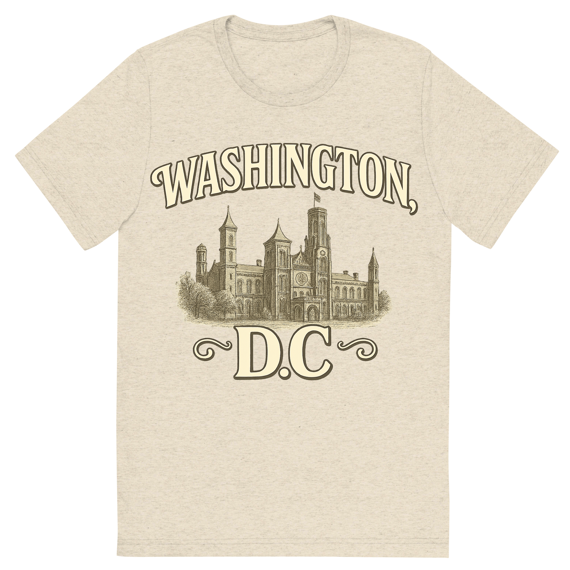 Front view of a Premium Tri-Blend Crew Neck T-Shirt in Oatmeal showing 'A typographic, nostalgic graphic of a typographic illustration of the words 'washington, dc' with a vintage line art drawing of the smithsonian museums'