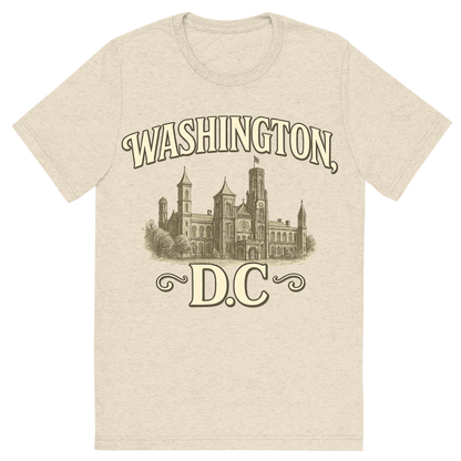 Front view of a Premium Tri-Blend Crew Neck T-Shirt in Oatmeal showing 'A typographic, nostalgic graphic of a typographic illustration of the words 'washington, dc' with a vintage line art drawing of the smithsonian museums'