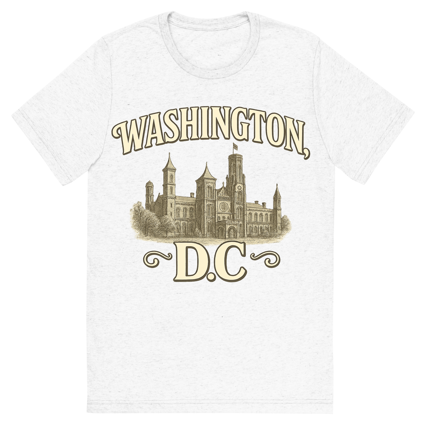 Front view of a Premium Tri-Blend Crew Neck T-Shirt in Solid White showing 'A typographic, nostalgic graphic of a typographic illustration of the words 'washington, dc' with a vintage line art drawing of the smithsonian museums'