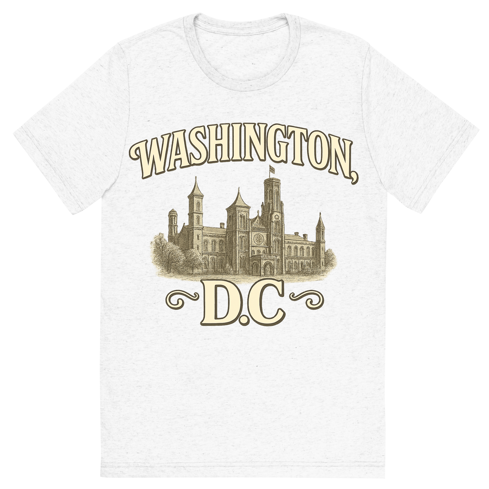 Front view of a Premium Tri-Blend Crew Neck T-Shirt in Solid White showing 'A typographic, nostalgic graphic of a typographic illustration of the words 'washington, dc' with a vintage line art drawing of the smithsonian museums'