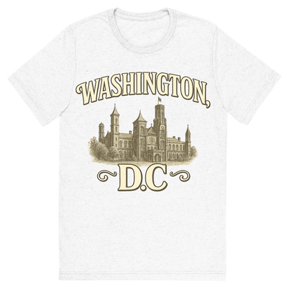 Front view of a Premium Tri-Blend Crew Neck T-Shirt in Solid White showing 'A typographic, nostalgic graphic of a typographic illustration of the words 'washington, dc' with a vintage line art drawing of the smithsonian museums'