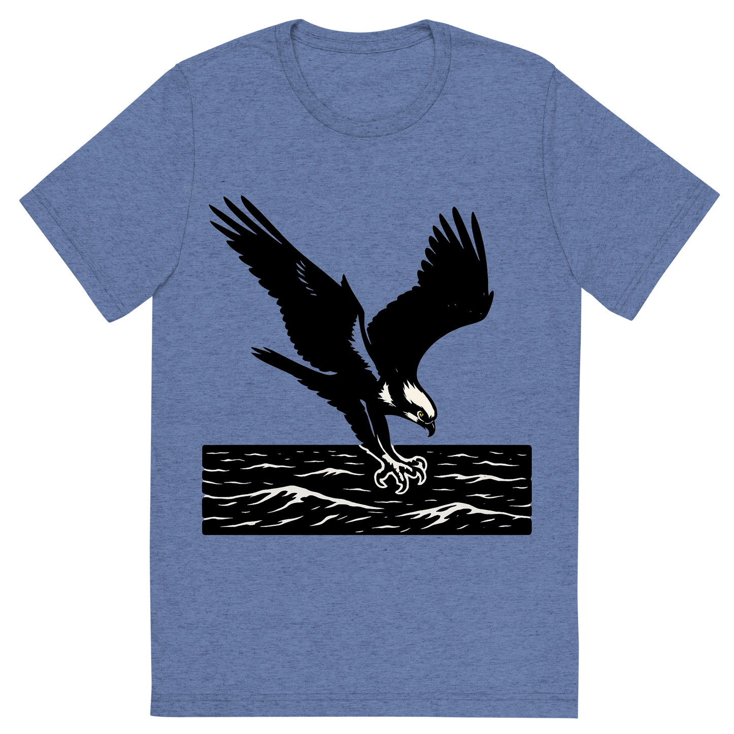 Front view of a Premium Tri-Blend Crew Neck T-Shirt in Blue showing 'A high-contrast silhouette with minimal accent color, powerful graphic of a high-contrast silhouette of an osprey diving with talons extended over the ocean, wings outstretched in dynamic pose, accented with white head markings, transparent background, optimized for dtg printing'