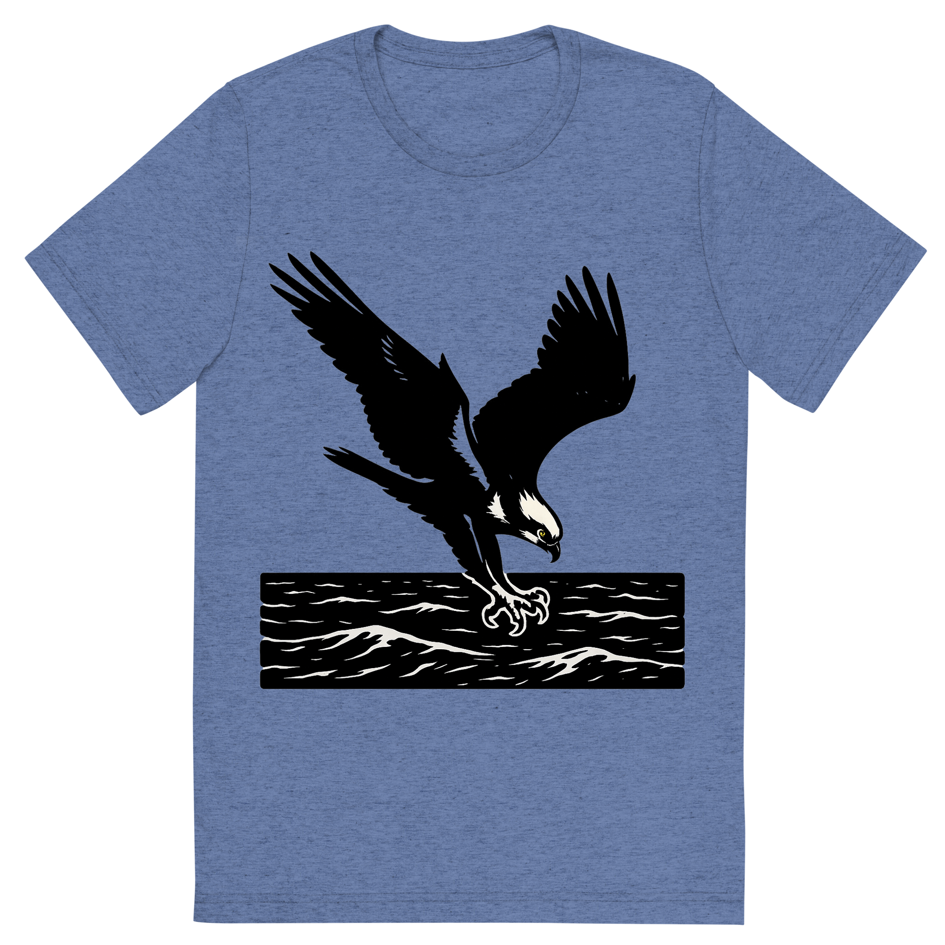 Front view of a Premium Tri-Blend Crew Neck T-Shirt in Blue showing 'A high-contrast silhouette with minimal accent color, powerful graphic of a high-contrast silhouette of an osprey diving with talons extended over the ocean, wings outstretched in dynamic pose, accented with white head markings, transparent background, optimized for dtg printing'