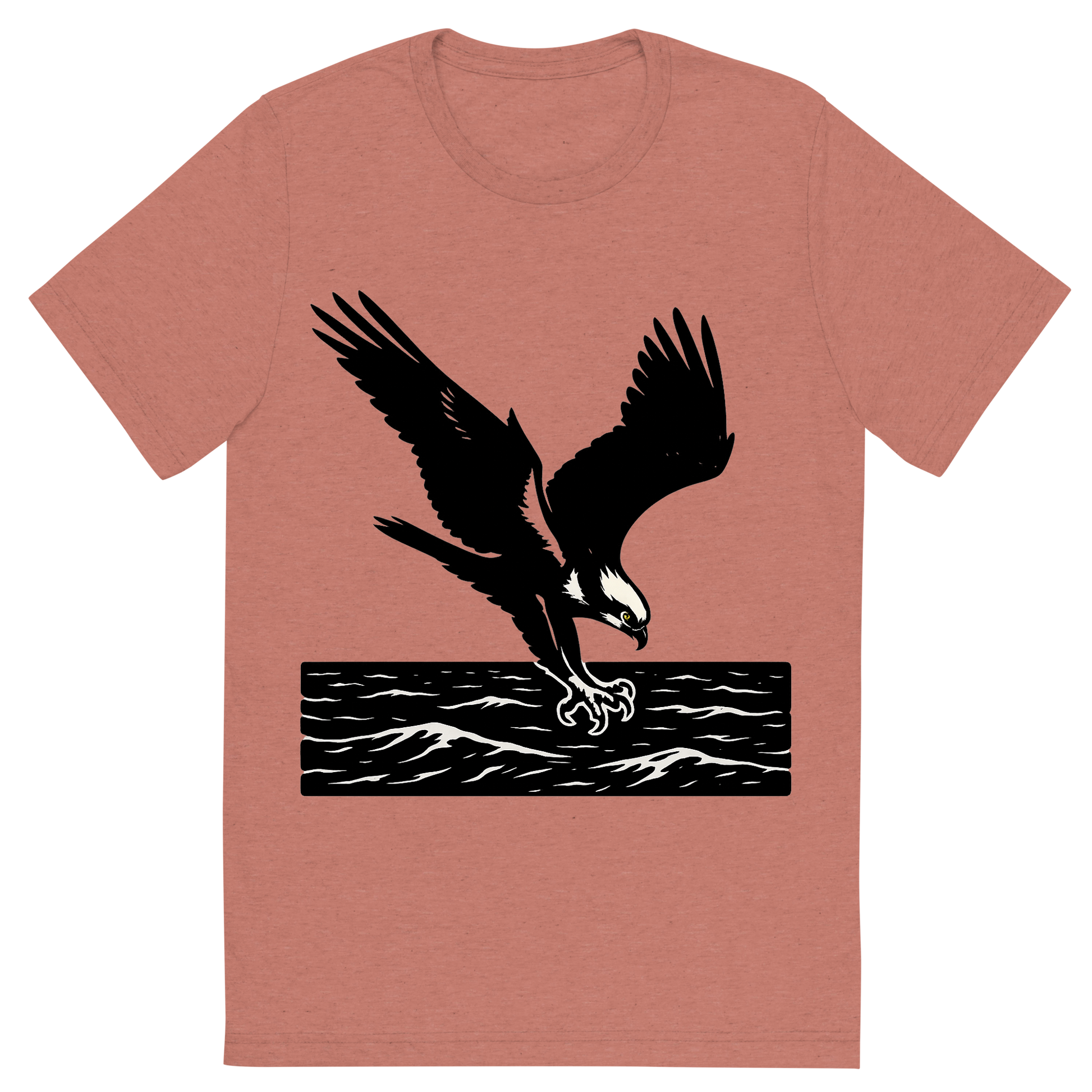 Front view of a Premium Tri-Blend Crew Neck T-Shirt in Mauve showing 'A high-contrast silhouette with minimal accent color, powerful graphic of a high-contrast silhouette of an osprey diving with talons extended over the ocean, wings outstretched in dynamic pose, accented with white head markings, transparent background, optimized for dtg printing'