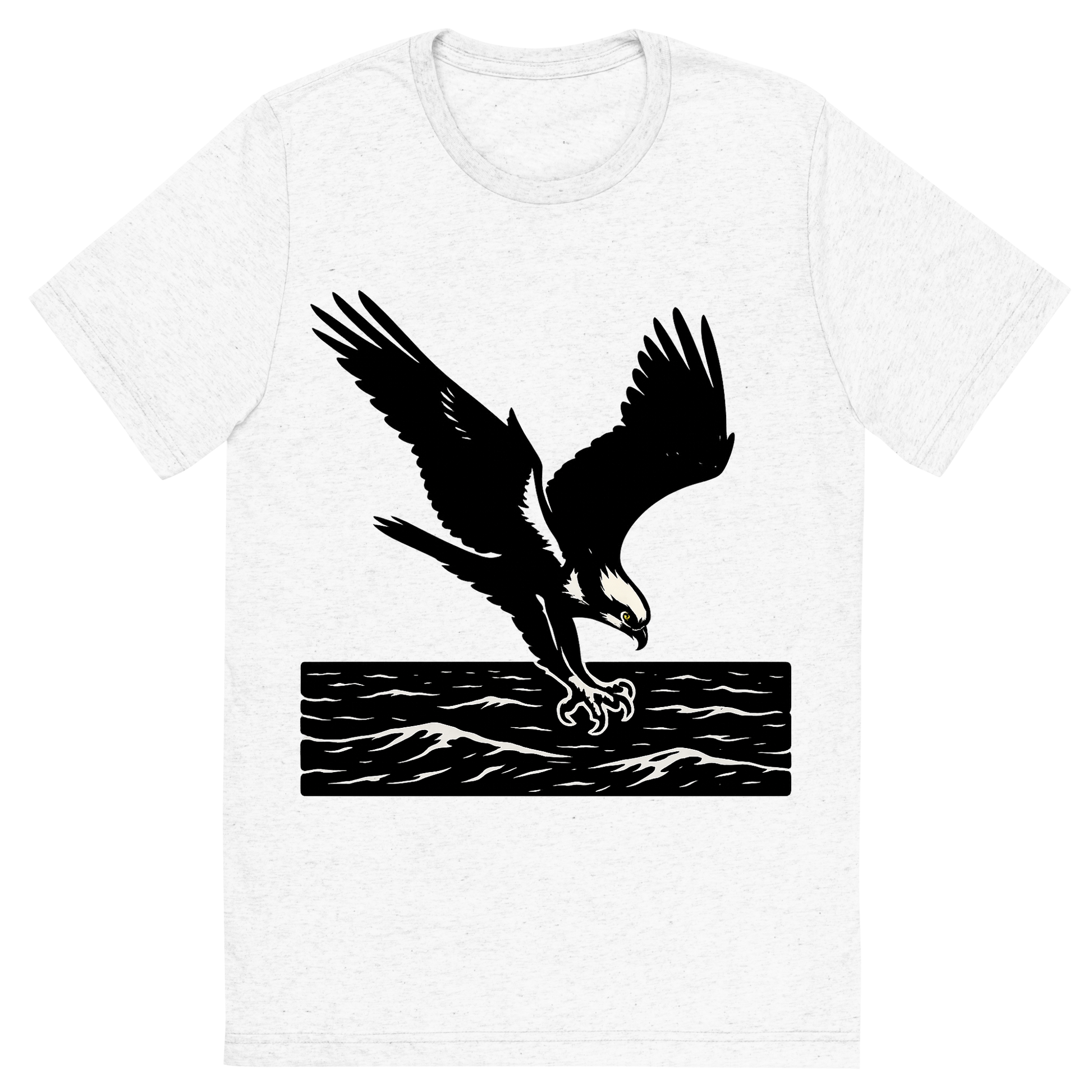Front view of a Premium Tri-Blend Crew Neck T-Shirt in Solid White showing 'A high-contrast silhouette with minimal accent color, powerful graphic of a high-contrast silhouette of an osprey diving with talons extended over the ocean, wings outstretched in dynamic pose, accented with white head markings, transparent background, optimized for dtg printing'