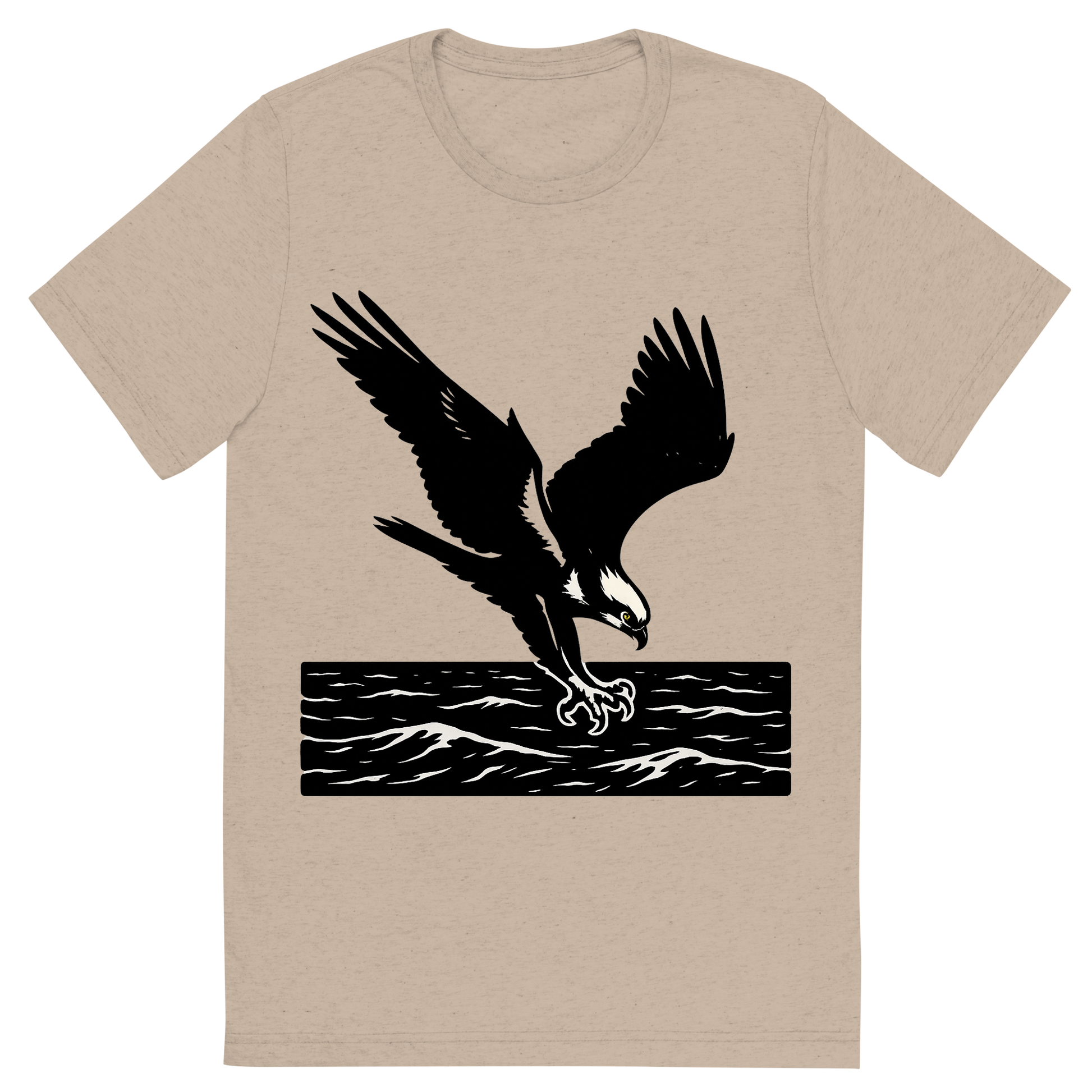 Front view of a Premium Tri-Blend Crew Neck T-Shirt in Tan showing 'A high-contrast silhouette with minimal accent color, powerful graphic of a high-contrast silhouette of an osprey diving with talons extended over the ocean, wings outstretched in dynamic pose, accented with white head markings, transparent background, optimized for dtg printing'