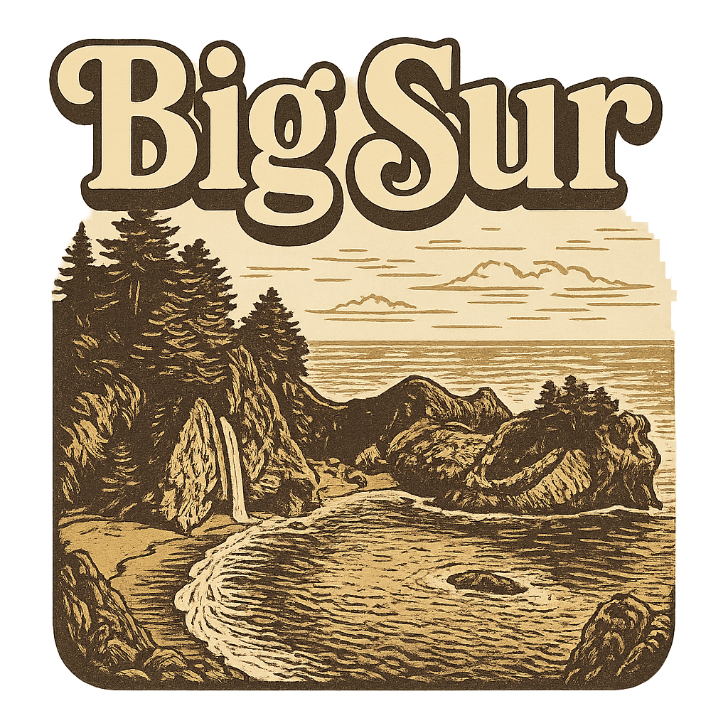 A typographic, nostalgic graphic of a typographic illustration of the words 'big sur' with a vintage line art drawing of the mcway falls – a t-shirt design
