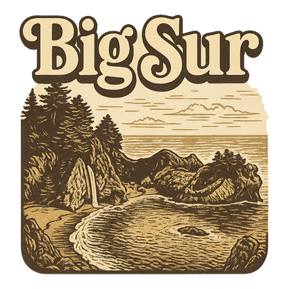 A typographic, nostalgic graphic of a typographic illustration of the words 'big sur' with a vintage line art drawing of the mcway falls – a t-shirt design