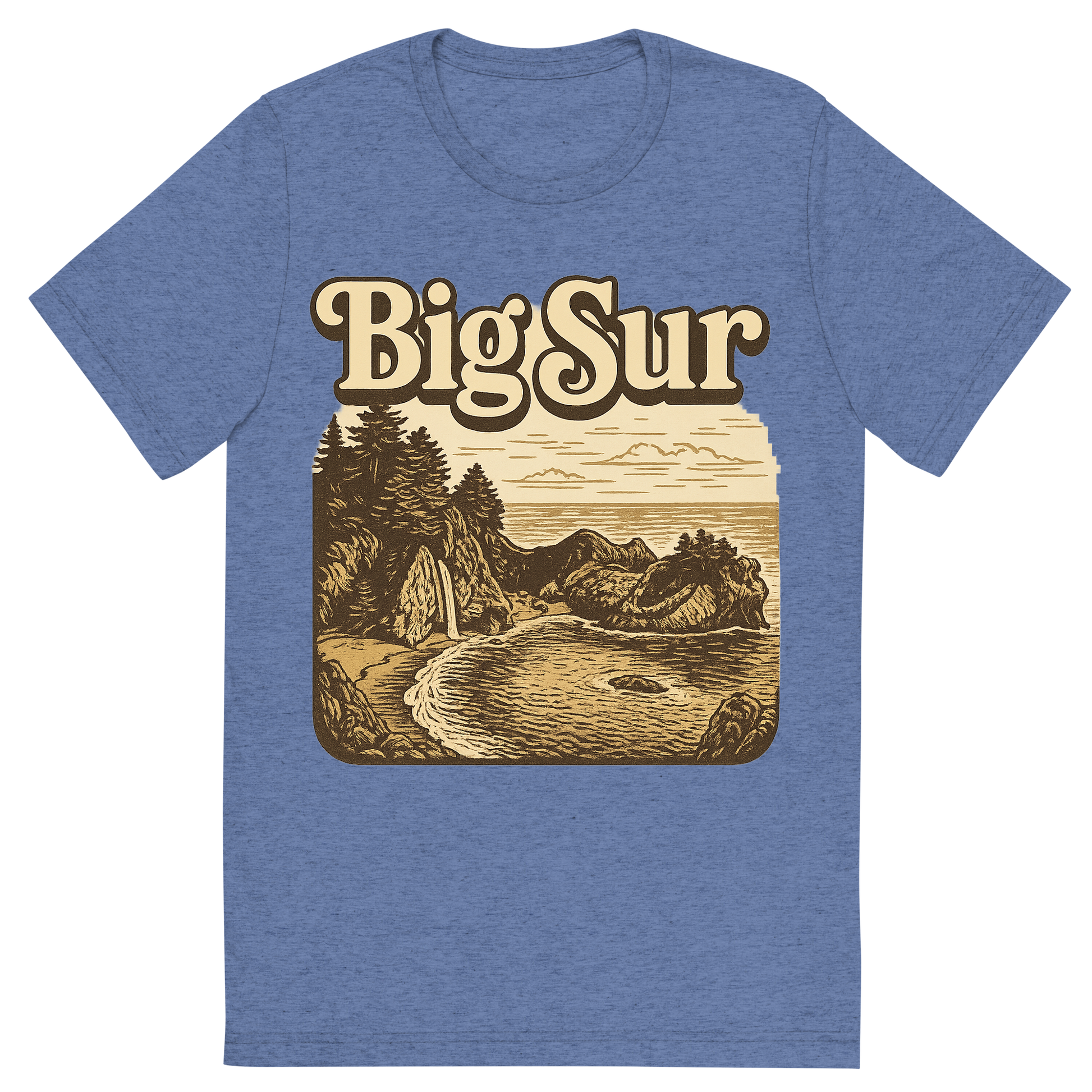 Front view of a Premium Tri-Blend Crew Neck T-Shirt in Blue showing 'A typographic, nostalgic graphic of a typographic illustration of the words 'big sur' with a vintage line art drawing of the mcway falls'