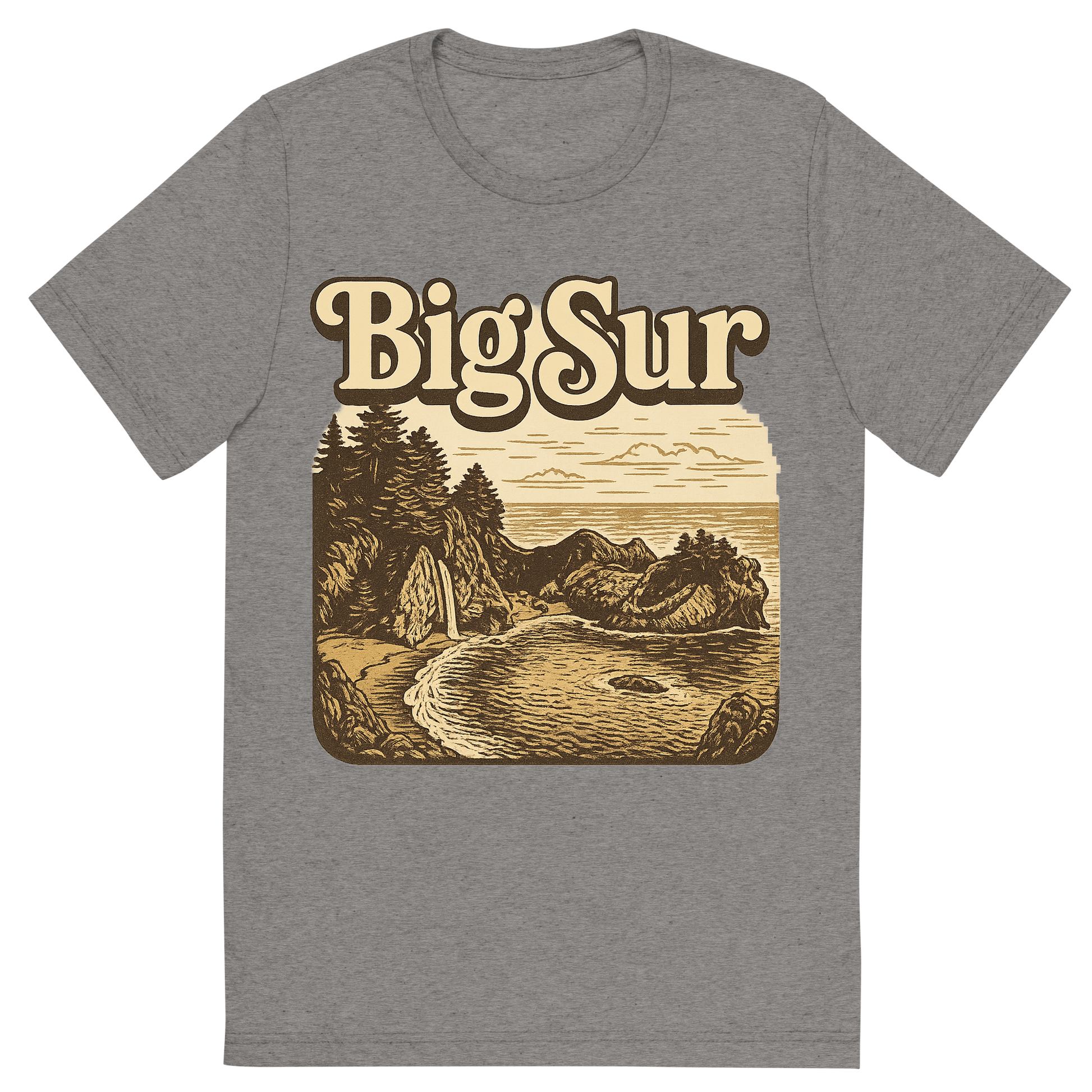 Front view of a Premium Tri-Blend Crew Neck T-Shirt in Grey showing 'A typographic, nostalgic graphic of a typographic illustration of the words 'big sur' with a vintage line art drawing of the mcway falls'