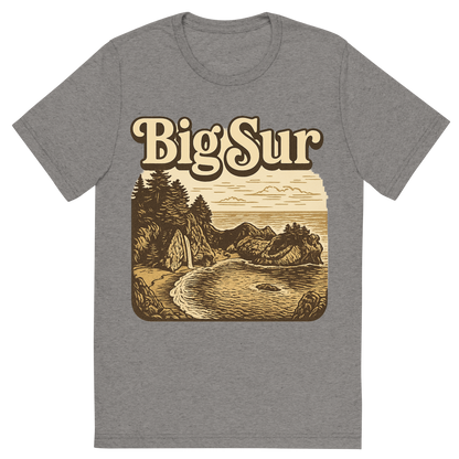 Front view of a Premium Tri-Blend Crew Neck T-Shirt in Grey showing 'A typographic, nostalgic graphic of a typographic illustration of the words 'big sur' with a vintage line art drawing of the mcway falls'