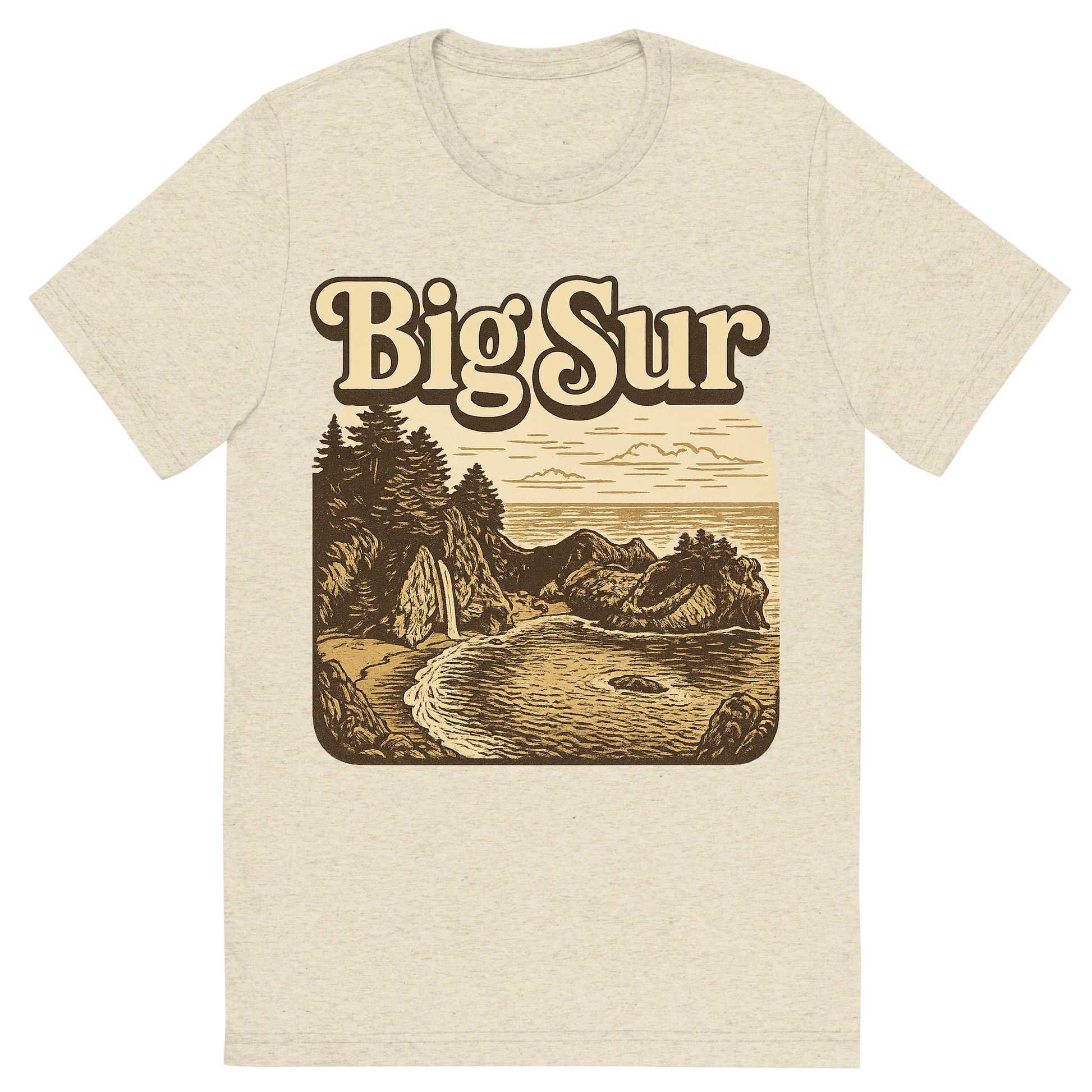 Front view of a Premium Tri-Blend Crew Neck T-Shirt in Oatmeal showing 'A typographic, nostalgic graphic of a typographic illustration of the words 'big sur' with a vintage line art drawing of the mcway falls'
