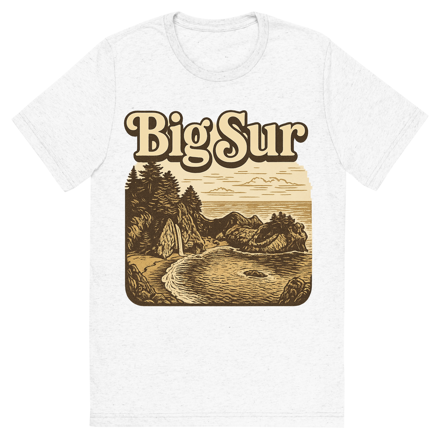 Front view of a Premium Tri-Blend Crew Neck T-Shirt in Solid White showing 'A typographic, nostalgic graphic of a typographic illustration of the words 'big sur' with a vintage line art drawing of the mcway falls'