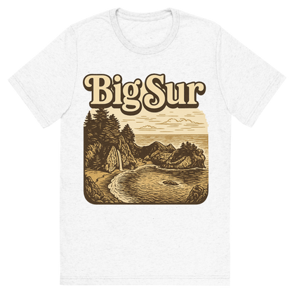 Front view of a Premium Tri-Blend Crew Neck T-Shirt in Solid White showing 'A typographic, nostalgic graphic of a typographic illustration of the words 'big sur' with a vintage line art drawing of the mcway falls'