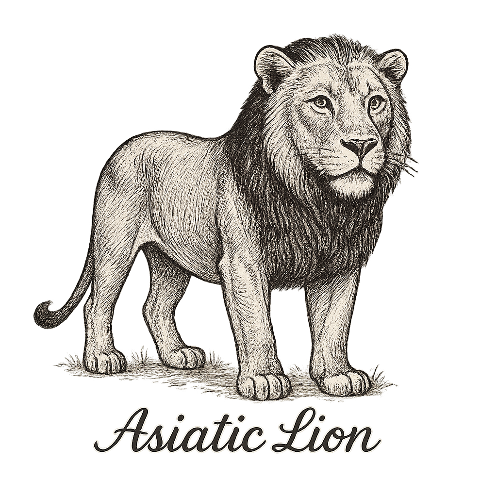 A flat, neutral graphic of a refined drawing of an asiatic lion with shorter mane and alert gaze. “asiatic lion” is written beneath in flowing script. detailed ink illustration on a white background. - a t-shirt design