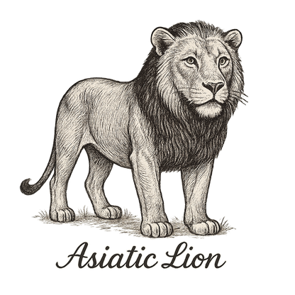 A flat, neutral graphic of a refined drawing of an asiatic lion with shorter mane and alert gaze. “asiatic lion” is written beneath in flowing script. detailed ink illustration on a white background. - a t-shirt design