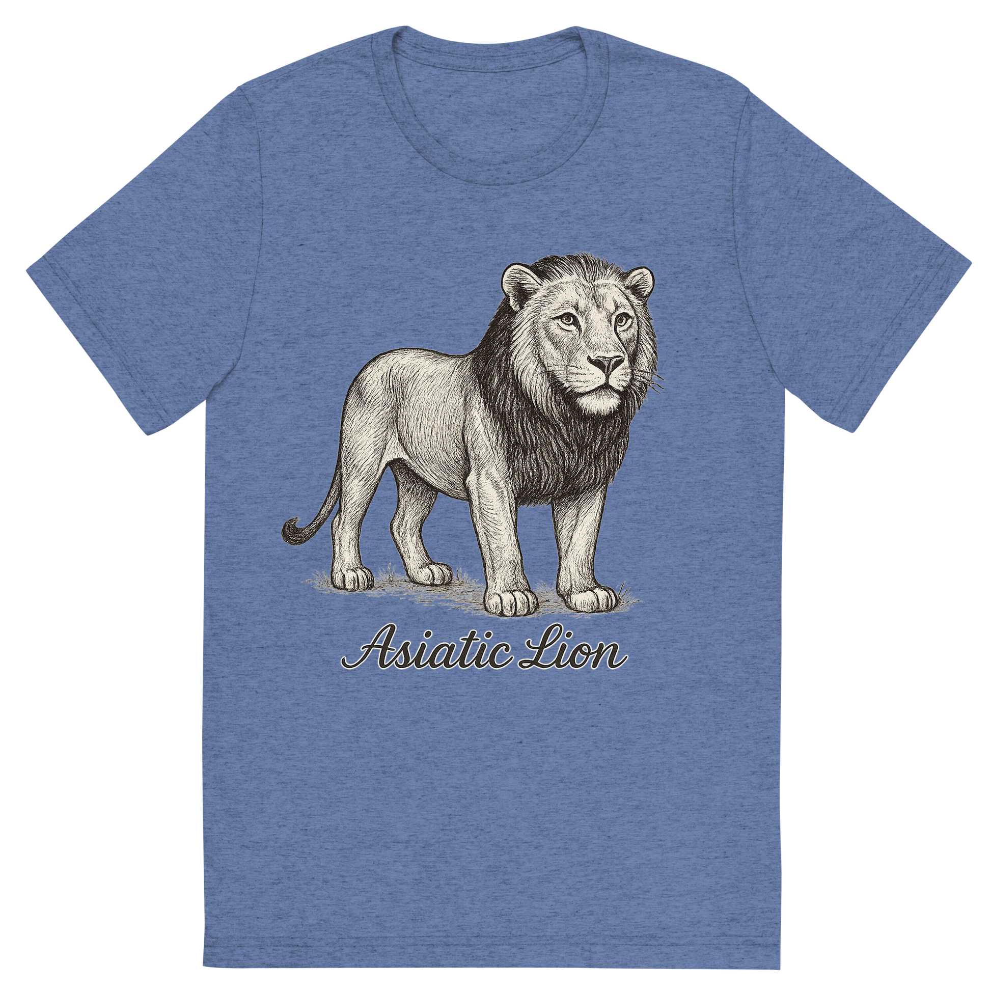 Front view of a Premium Tri-Blend Crew Neck T-Shirt in Blue showing 'A flat, neutral graphic of a refined drawing of an asiatic lion with shorter mane and alert gaze. “asiatic lion” is written beneath in flowing script. detailed ink illustration on a white background.'