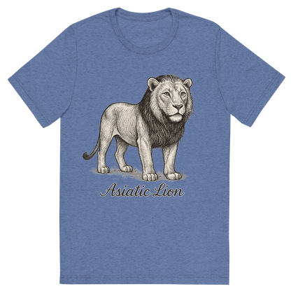 Front view of a Premium Tri-Blend Crew Neck T-Shirt in Blue showing 'A flat, neutral graphic of a refined drawing of an asiatic lion with shorter mane and alert gaze. “asiatic lion” is written beneath in flowing script. detailed ink illustration on a white background.'