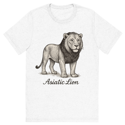 Front view of a Premium Tri-Blend Crew Neck T-Shirt in Solid White showing 'A flat, neutral graphic of a refined drawing of an asiatic lion with shorter mane and alert gaze. “asiatic lion” is written beneath in flowing script. detailed ink illustration on a white background.'