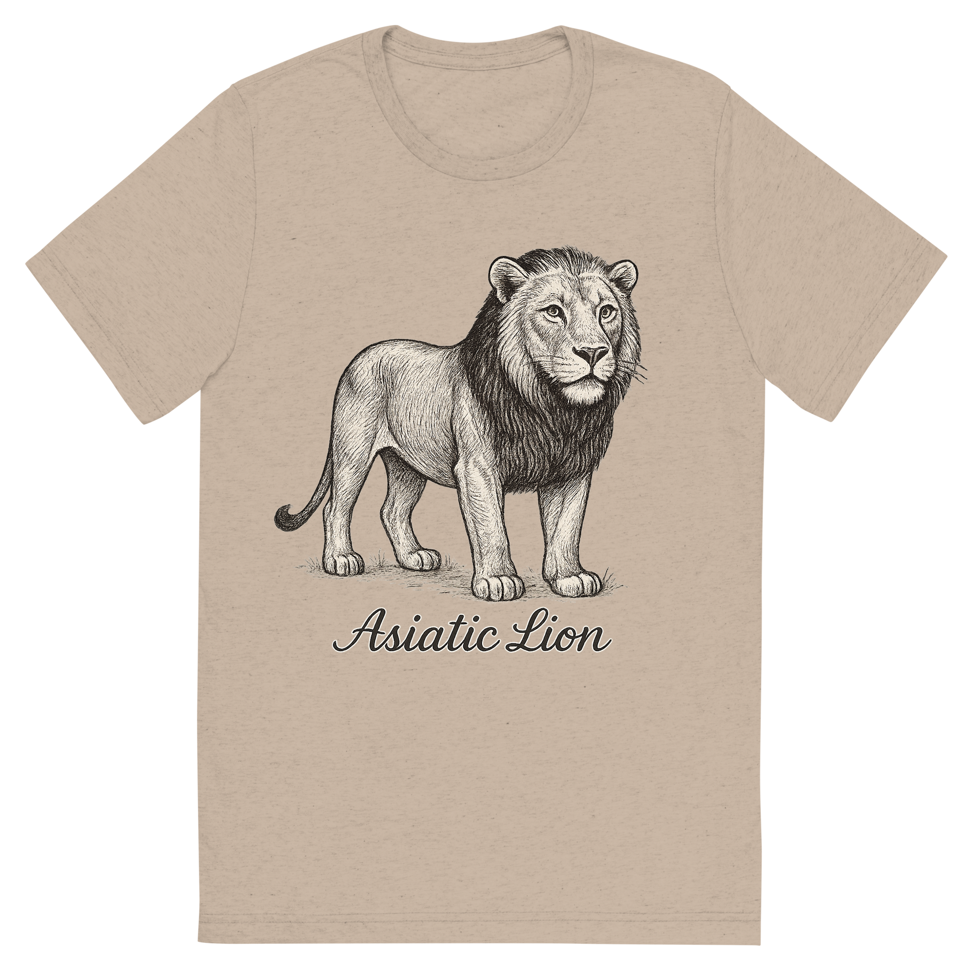 Front view of a Premium Tri-Blend Crew Neck T-Shirt in Tan showing 'A flat, neutral graphic of a refined drawing of an asiatic lion with shorter mane and alert gaze. “asiatic lion” is written beneath in flowing script. detailed ink illustration on a white background.'