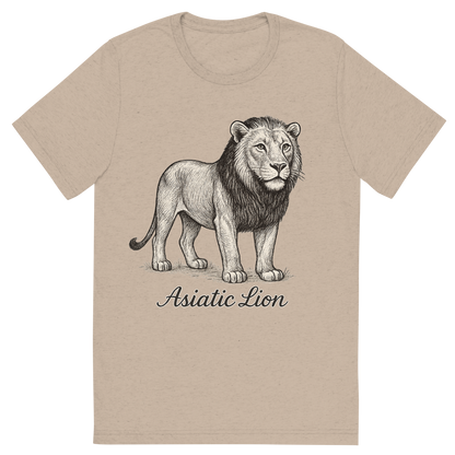 Front view of a Premium Tri-Blend Crew Neck T-Shirt in Tan showing 'A flat, neutral graphic of a refined drawing of an asiatic lion with shorter mane and alert gaze. “asiatic lion” is written beneath in flowing script. detailed ink illustration on a white background.'