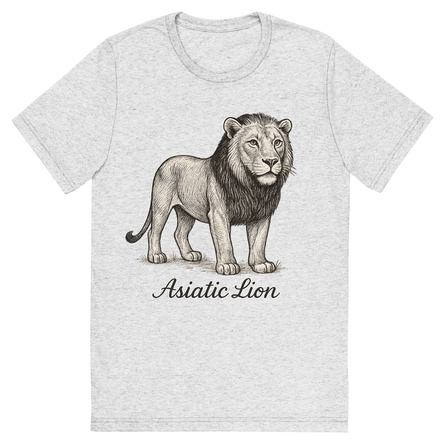 Front view of a Premium Tri-Blend Crew Neck T-Shirt in White Fleck showing 'A flat, neutral graphic of a refined drawing of an asiatic lion with shorter mane and alert gaze. “asiatic lion” is written beneath in flowing script. detailed ink illustration on a white background.'