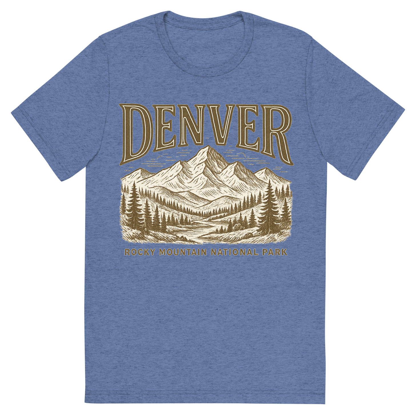 Front view of a Premium Tri-Blend Crew Neck T-Shirt in Blue showing 'A typographic, nostalgic graphic of a typographic illustration of the words 'denver' with a vintage line art drawing of the rocky mountain national park'