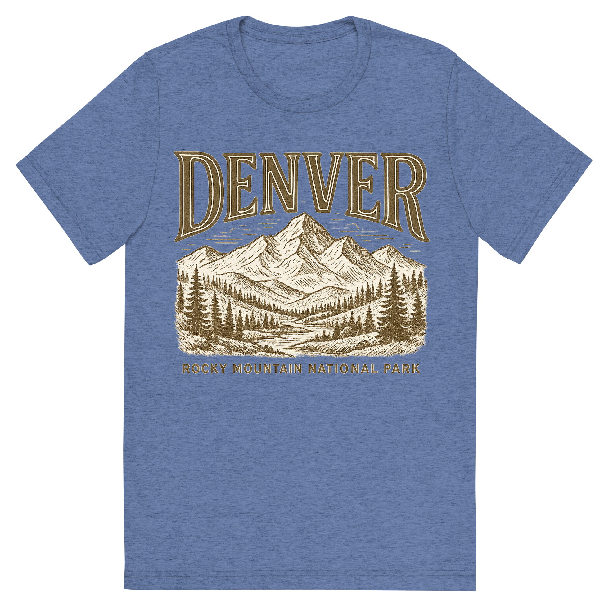 Front view of a Premium Tri-Blend Crew Neck T-Shirt in Blue showing 'A typographic, nostalgic graphic of a typographic illustration of the words 'denver' with a vintage line art drawing of the rocky mountain national park'