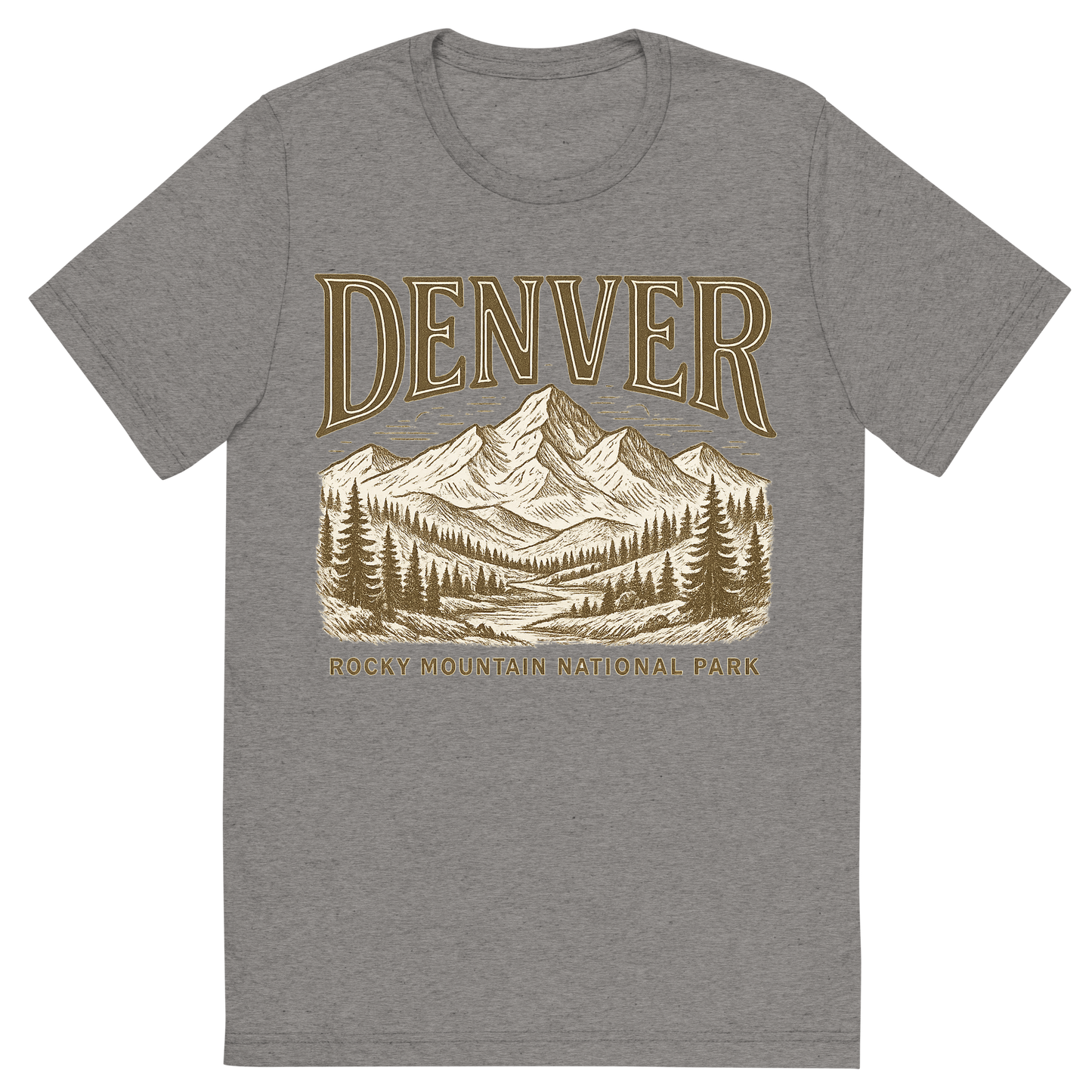Front view of a Premium Tri-Blend Crew Neck T-Shirt in Grey showing 'A typographic, nostalgic graphic of a typographic illustration of the words 'denver' with a vintage line art drawing of the rocky mountain national park'